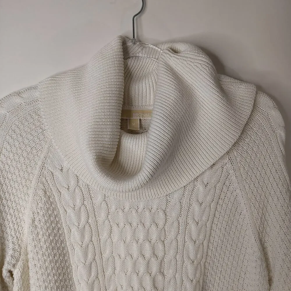 Michael Kors Heavy Cowl Neck‎ Sweater Womens Medium Cream Cable / Waffle Knit